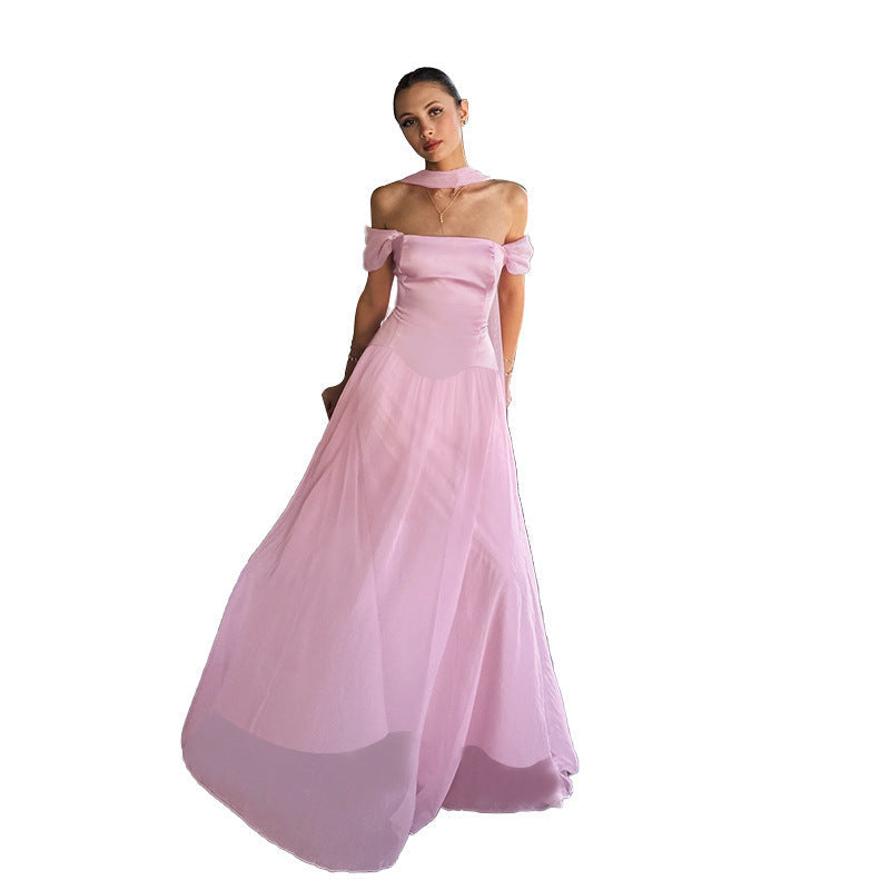 Damen Elegantes Abendkleid mit schulterfreien Puffärmeln und Choker