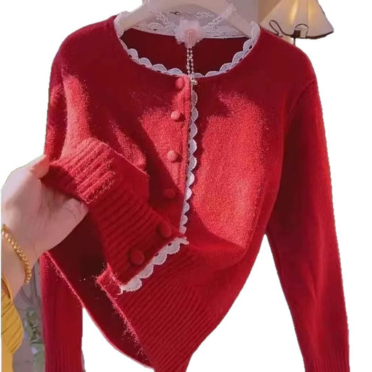 Damen Verspielte Strickjacke mit Spitzenelementen Shop Nory