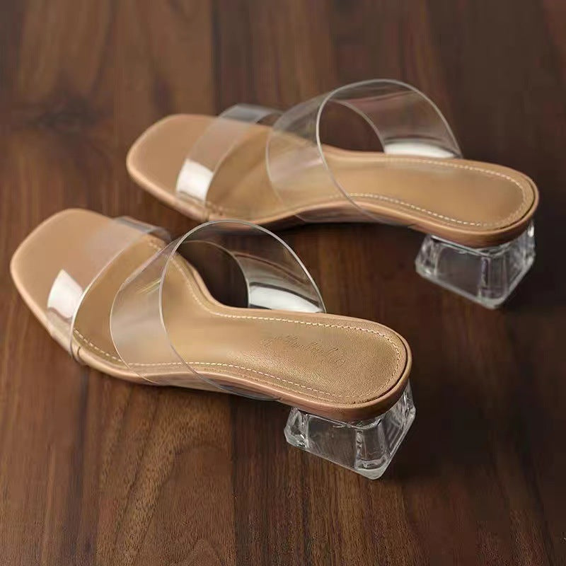 Damen Minimalistische Doppelriemen Mules mit transparentem Obermaterial und geometrischem Blockabsatz Shop Nory