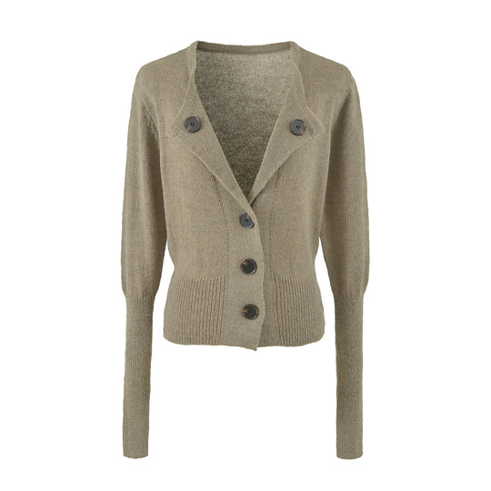 Damen Cropped-Taillierte Strickjacke mit Schalkragen und großen Zierknöpfen Shop Nory