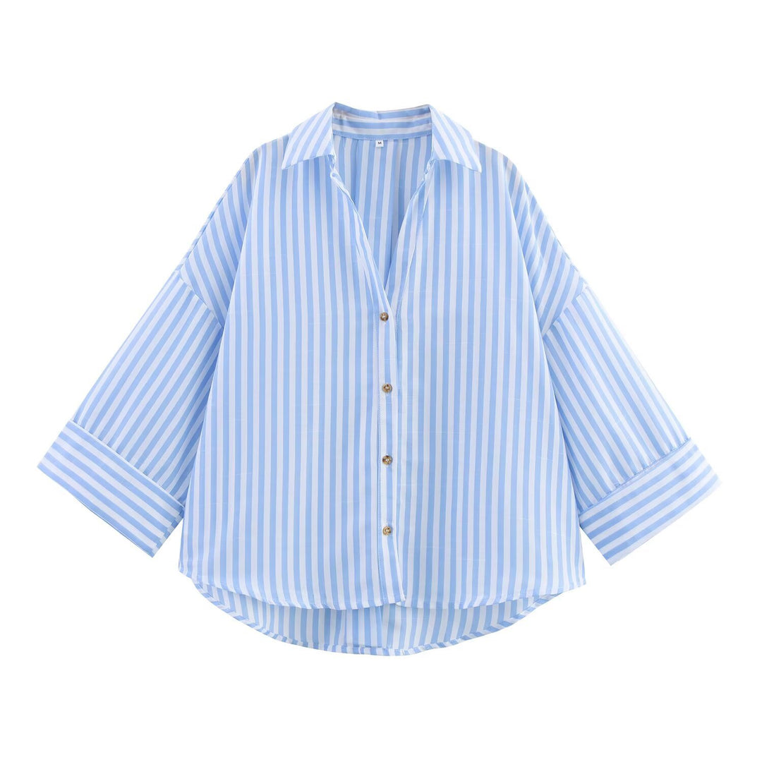 Damen Oversize-Hemdbluse mit vertikalem Streifenmuster und verlängertem Rücken Shop Nory