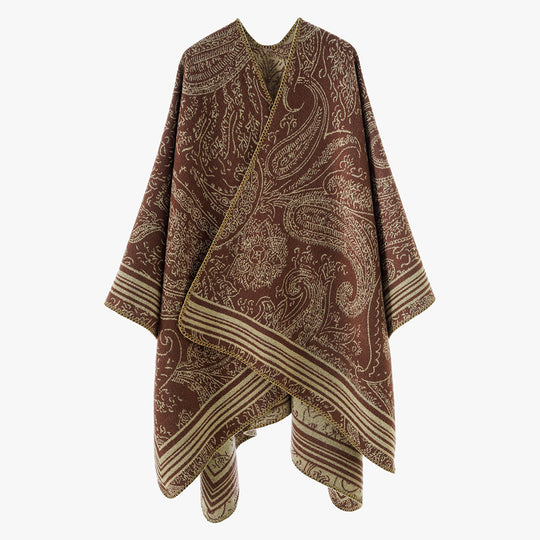 Damen Jacquard-Poncho im Ruana-Schnitt mit Paisley-Muster und breiter Bordüre Shop Nory