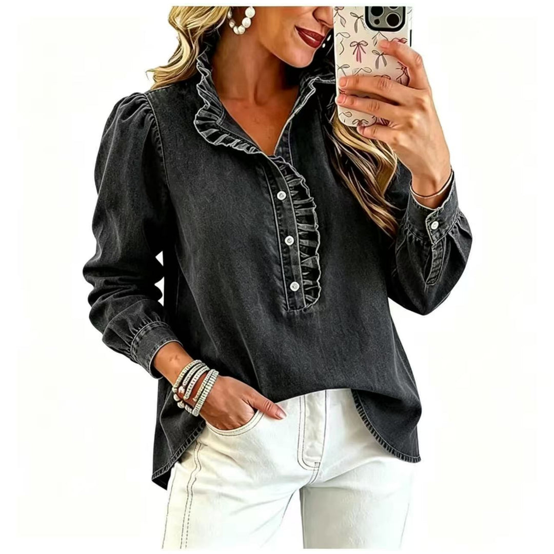 Damen Jeansbluse mit Rüschenkragen und Ballonärmeln Shop Nory