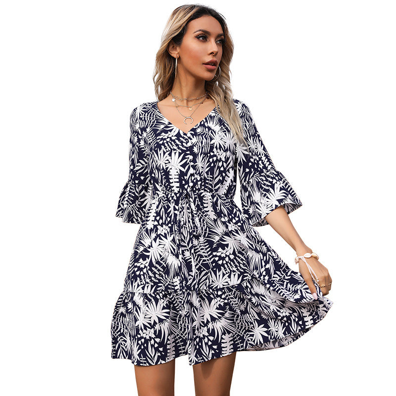 Damen V-Ausschnitt Tailliertes Sommerkleid mit Volantärmeln und tropischem Print Shop Nory