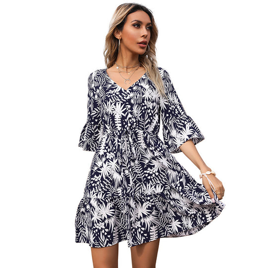 Damen V-Ausschnitt Tailliertes Sommerkleid mit Volantärmeln und tropischem Print Shop Nory