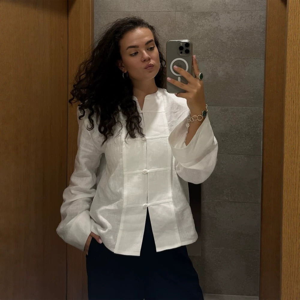 Damen Oversize-Leinenbluse mit Mandarin-Kragen, verdeckter Knopfleiste und dreiviertelärmeln Shop Nory