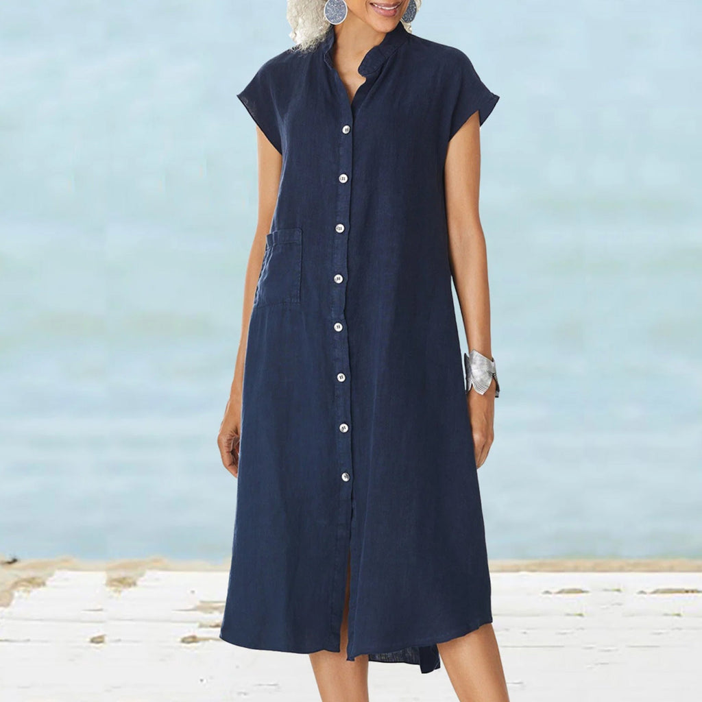 Damen lässiges Midi-Hemdkleid aus Leinen mit Knopfleiste und seitlichen Taschen