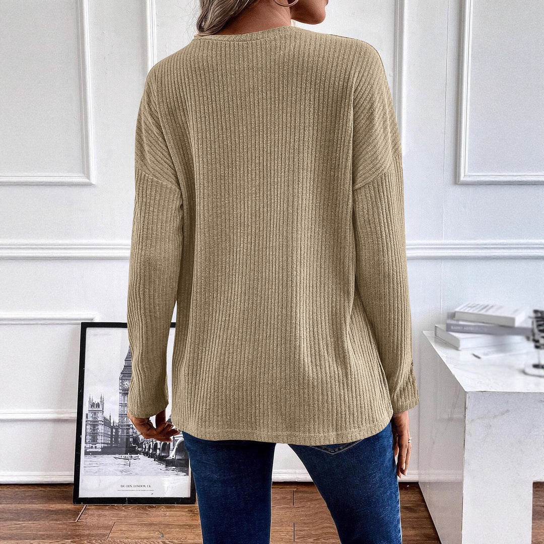 Damen Gerippter Longsleeve-Pullover mit Henley-Kragen und lässiger Tunika-Passform Shop Nory