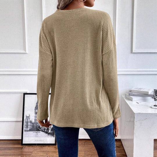 Damen Gerippter Longsleeve-Pullover mit Henley-Kragen und lässiger Tunika-Passform Shop Nory