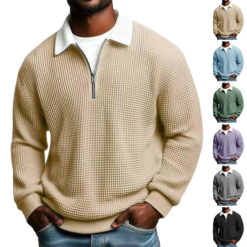 Herren nan strukturierter Waffelstrick-Pullover mit Polokragen und kurzem Reißverschluss