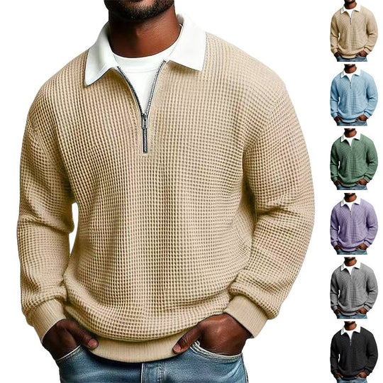 Herren nan strukturierter Waffelstrick-Pullover mit Polokragen und kurzem Reißverschluss