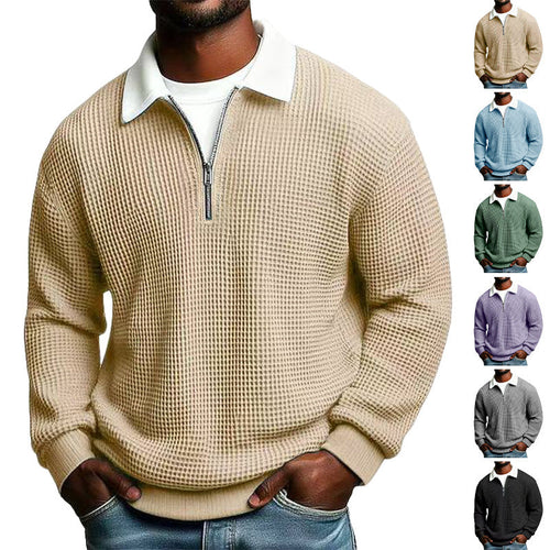 Herren nan strukturierter Waffelstrick-Pullover mit Polokragen und kurzem Reißverschluss