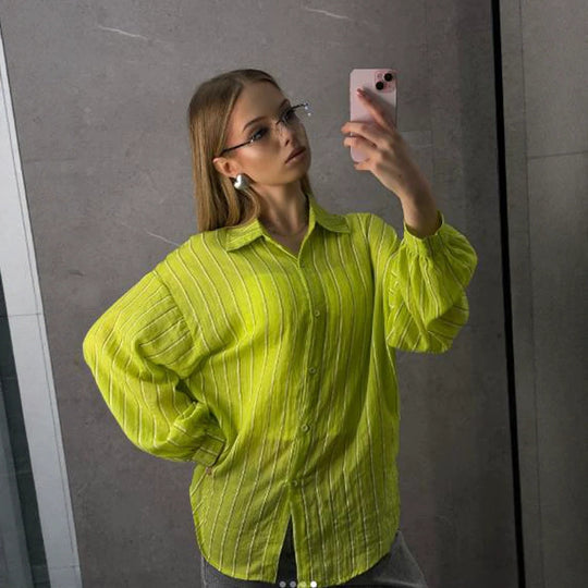 Damen Oversize Leinenoptik Hemdbluse mit Streifen, voluminösen Ärmeln & verlängertem Rückensaum Shop Nory