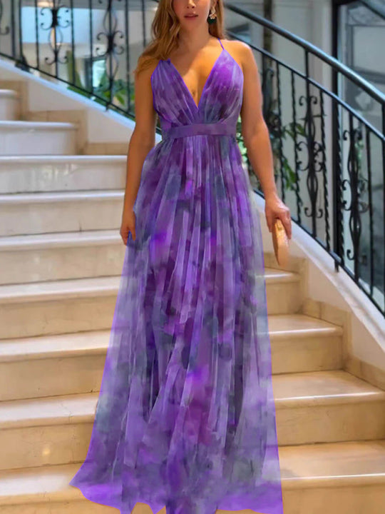 Damen Maxikleid mit tiefem V-Ausschnitt und fließendem Chiffon Shopnory
