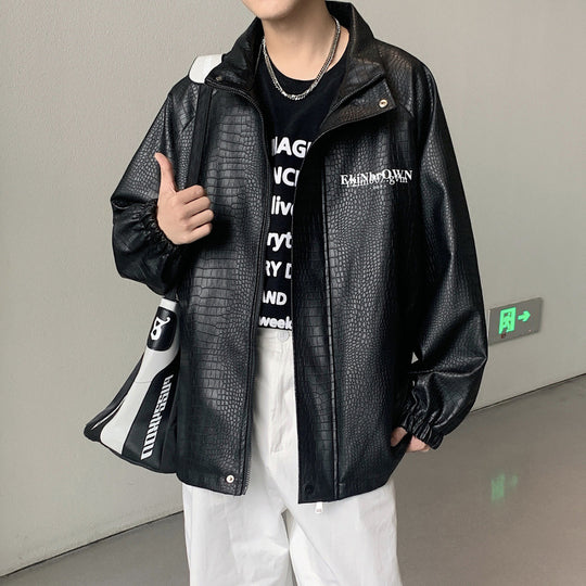 Herren Oversized Kunstlederjacke mit Krokodilprägung und Rückenlogo Shop Nory
