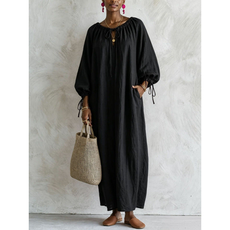Damen Luftiges Leinenoptik-Maxikleid mit Kordelkragen, Ballonärmeln und Eingrifftaschen Shop Nory
