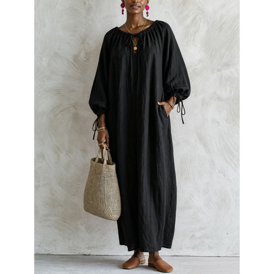 Damen Luftiges Leinenoptik-Maxikleid mit Kordelkragen, Ballonärmeln und Eingrifftaschen Shop Nory