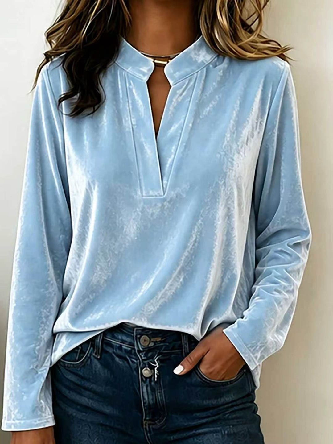 Damen Samtbluse mit Stehkragen, tiefem V-Ausschnitt und lockerem Langarm-Schnitt Shop Nory