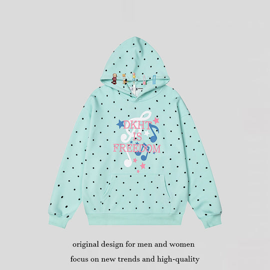 Damen Kapuzenpullover mit Polka-Dot, musikalischem Notenprint und Kängurutasche Shop Nory