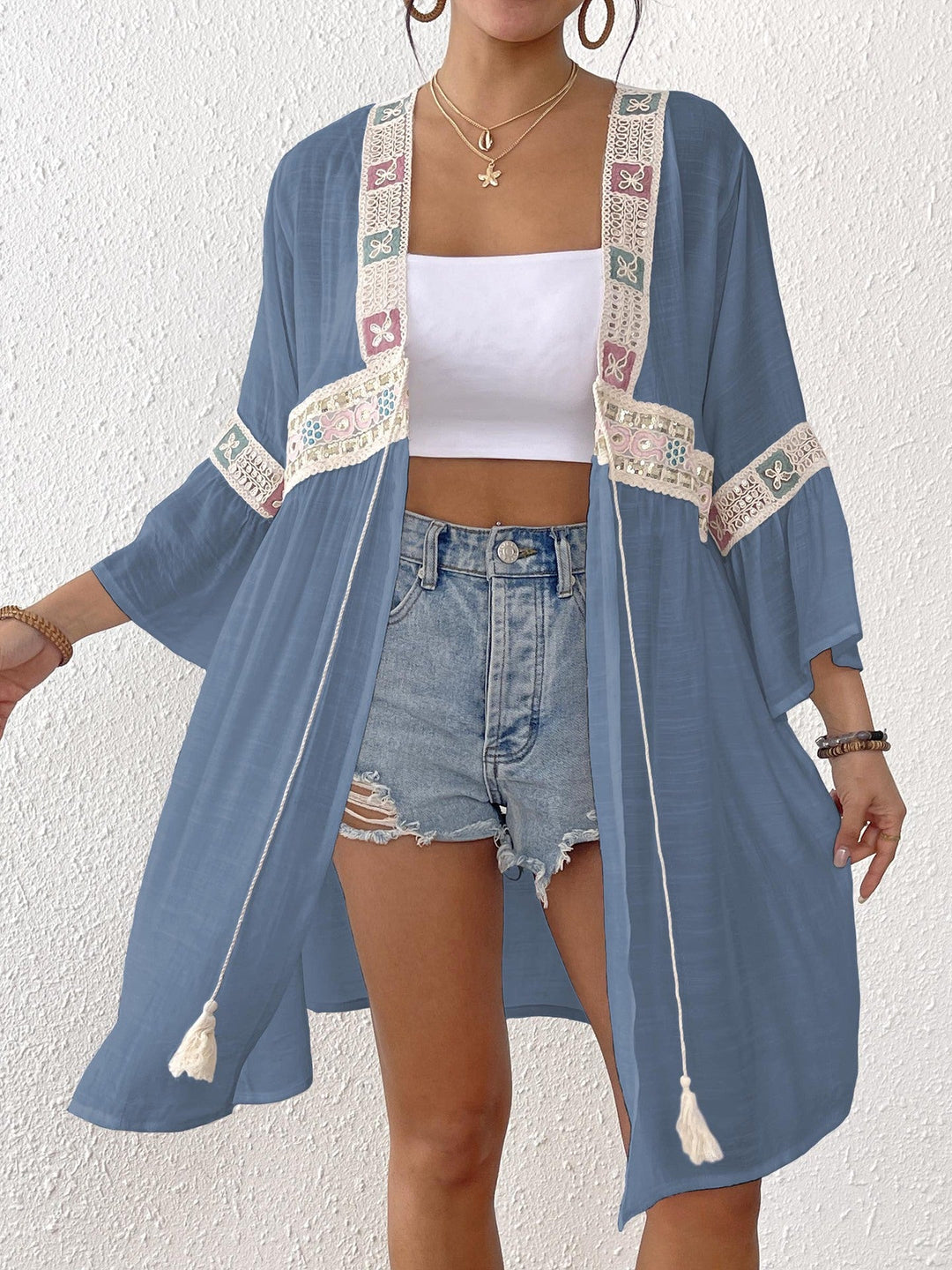 Damen luftiger Strandkimono mit floralen Stickereien