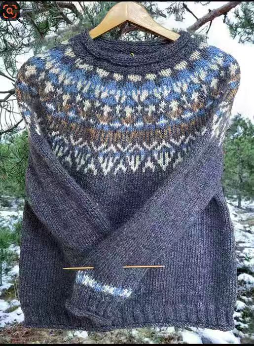 Damen nan melierter Rundhalsausschnittpullover mit kreisförmigem Jacquard-Yoke und geripptem Saum Shop Nory