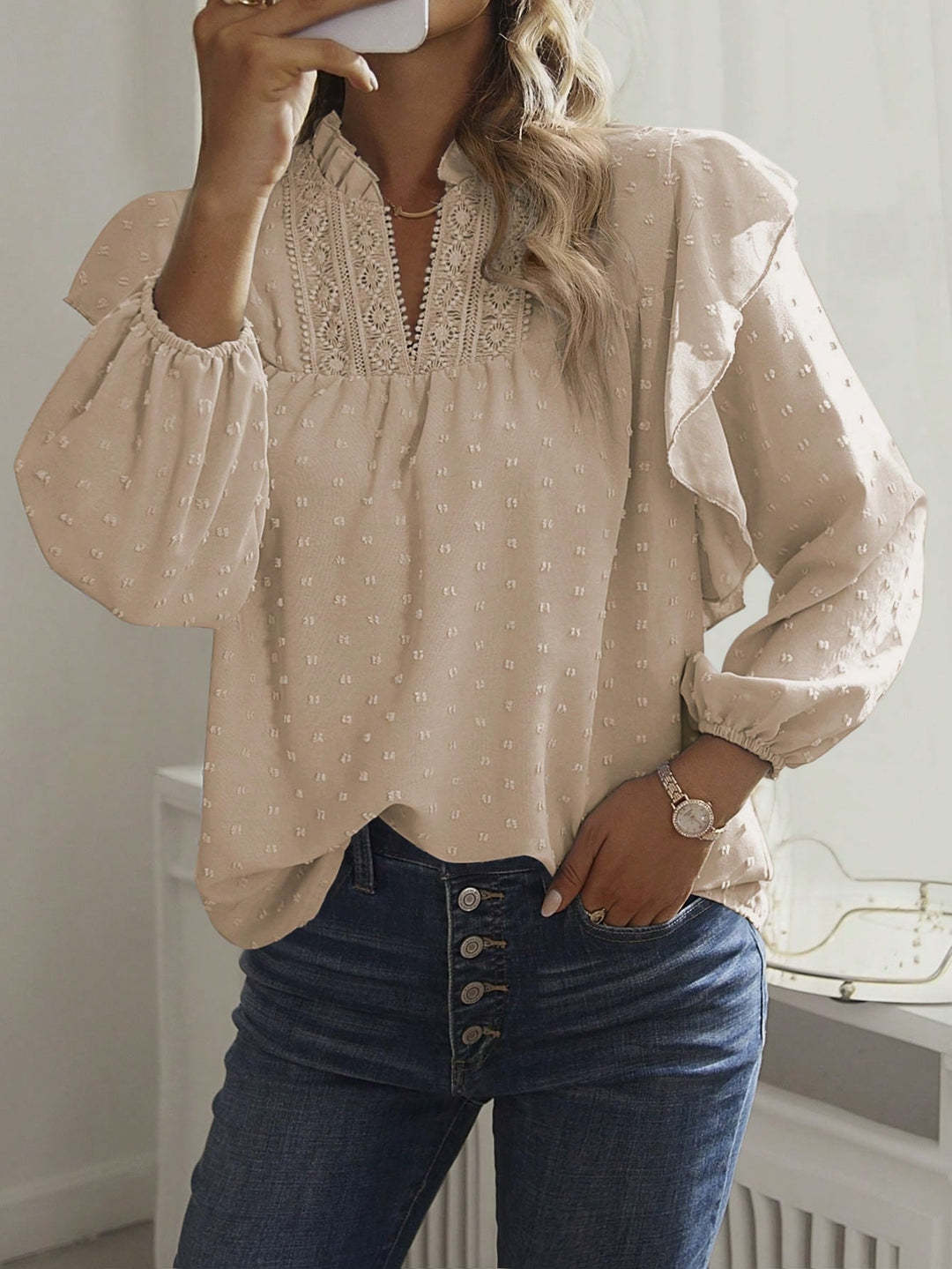 Damen Viskose-Bluse mit Spitzenstickerei und Volantärmeln Shop Nory
