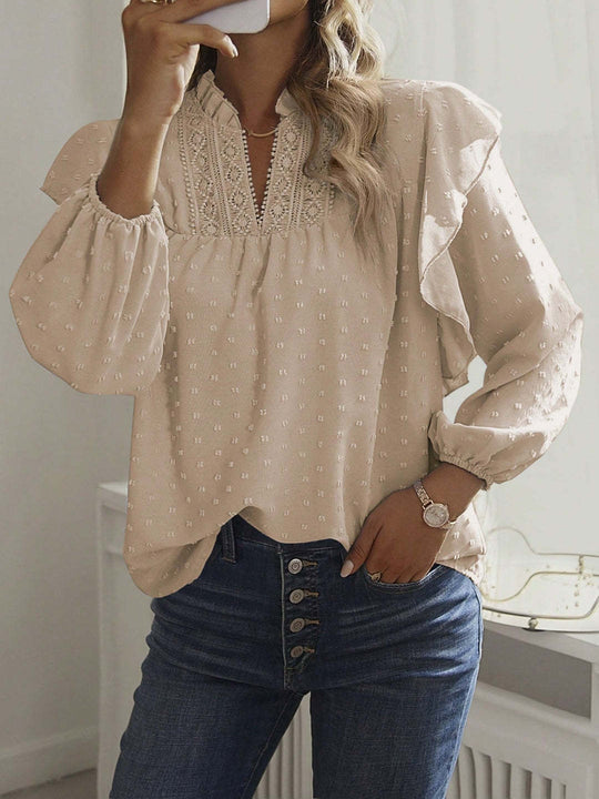 Damen Viskose-Bluse mit Spitzenstickerei und Volantärmeln Shop Nory