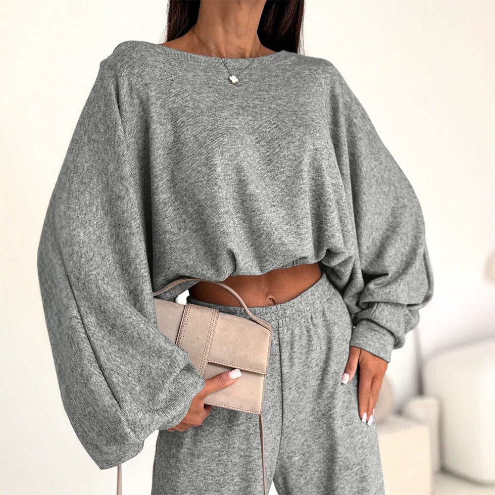 Damen Lässiges Strick-Lounge-Set mit Fledermausärmeln und High-Waist-Joggpants Shop Nory