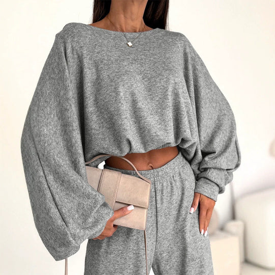 Damen Lässiges Strick-Lounge-Set mit Fledermausärmeln und High-Waist-Joggpants Shop Nory