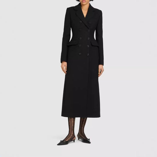 Damen Doppelreihiges tailliertes Blazerkleid mit Maxi‑Länge und Pattentaschen Shop Nory