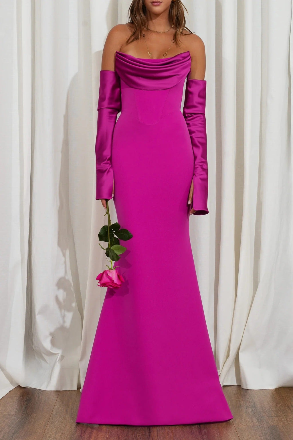 Damen Elegantes Meerjungfrau-Kleid mit schulterfreiem Design und langen Ärmeln
