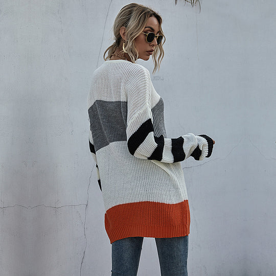 Damen Oversize-Feinstrickpullover im Blockdesign mit Off-Shoulder, gestreiften Ärmeln und geripptem Saum Shop Nory