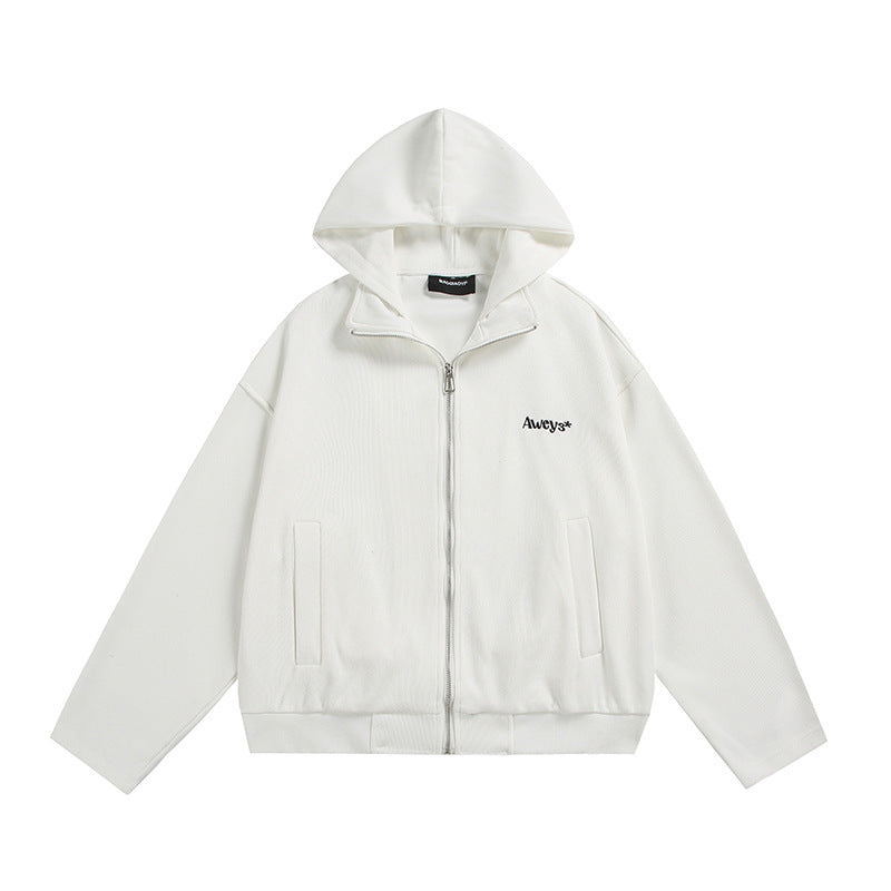 Unisex Oversize-Kapuzenjacke mit Zwei-Wege-Reißverschluss, geradem Saum und dezentem Logo-Emblem Shop Nory