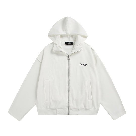 Unisex Oversize-Kapuzenjacke mit Zwei-Wege-Reißverschluss, geradem Saum und dezentem Logo-Emblem Shop Nory