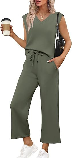 Damen Lässiges Zweiteiliges Lounge-Set mit Ärmellosem V-Neck-Top und Weiten Kordelbund-Hosen Shop Nory