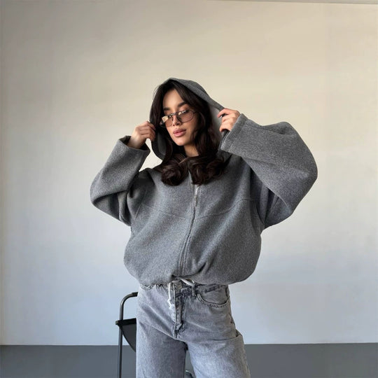 Damen Oversize Kapuzenjacke mit Reißverschluss und Tunnelzugsaum Shop Nory
