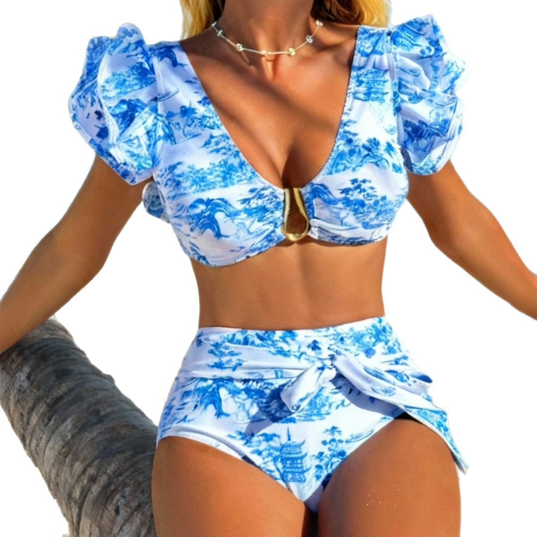 Damen Hochgeschnittener Retro-Bikini-Set mit Volants