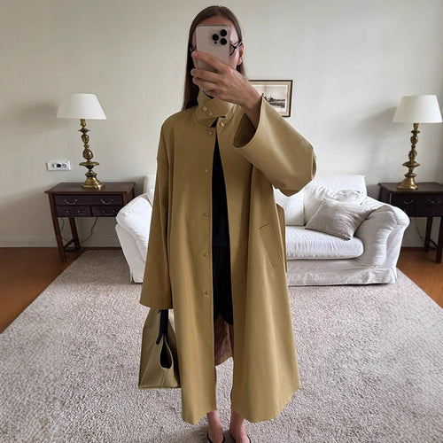 Damen Maxilanger Oversize-Trenchcoat mit Stehkragen und verdeckter Druckknopfleiste Shop Nory
