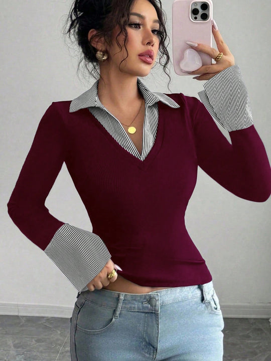 Damen Figurbetontes Feinstrick-Top mit Hemdkragen und Kontrastmanschetten Shop Nory