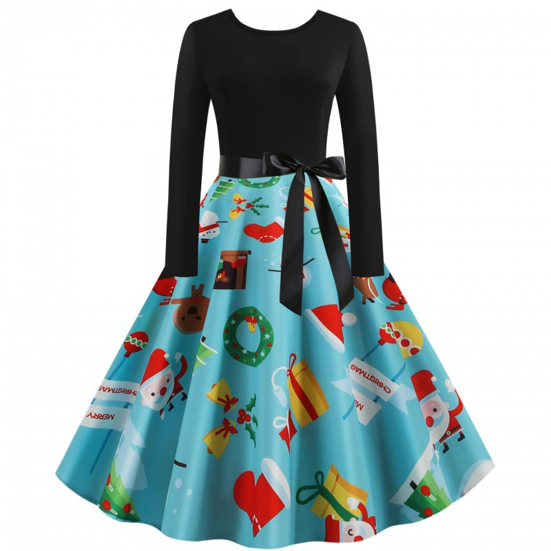Damen Retro-Festkleid mit kontrastiertem Oberteil, ausgestelltem Tellerrock und Satintaillengürpe Shop Nory