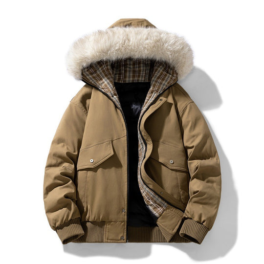 Herren Wattierte Winterjacke mit Kunstpelz-Kapuze, gestepptem kariertem Innenfutter und Bomberbündchen Shop Nory