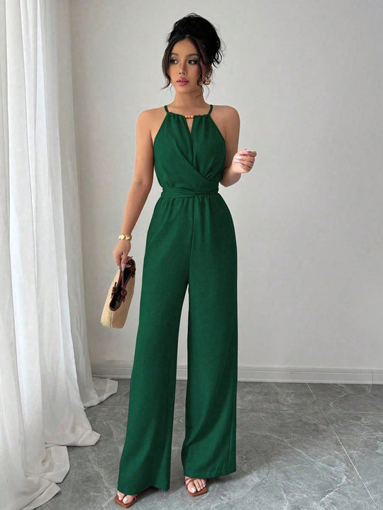 Damen Ärmelloser Neckholder-Jumpsuit mit Wickeloberteil und weitem Bein Shop Nory