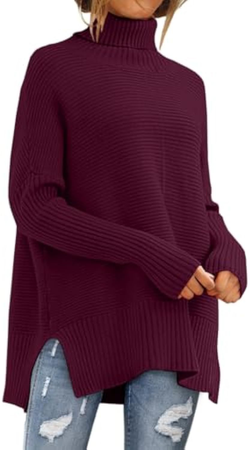 Damen Oversize-Rippenstrick Rollkragenpullover mit Seitenschlitzen und verlängertem Saum Shop Nory