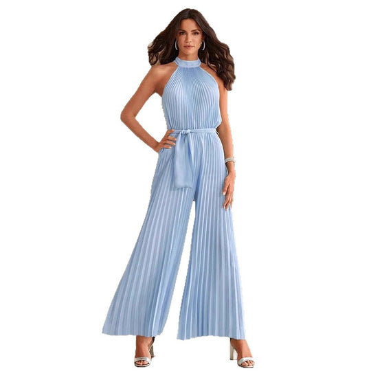 Damen Plissierter Ärmelloser Jumpsuit mit hohem Stehkragen, weitem Palazzo-Bein und Taillenschärpe Shop Nory