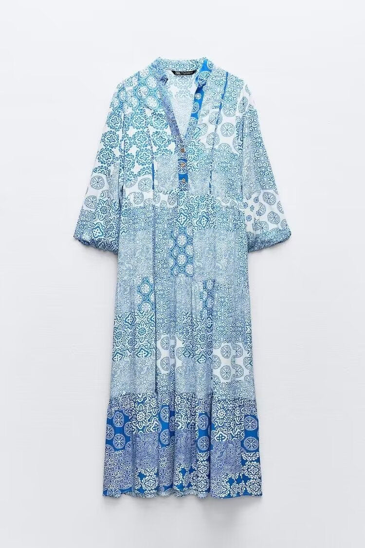 Damen Maxi‑Kleid im Patchwork‑Print mit V‑Ausschnitt, Stufenrock und 3/4‑Ärmeln Shop Nory