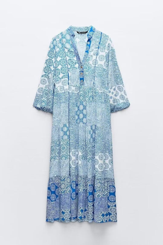 Damen Maxi‑Kleid im Patchwork‑Print mit V‑Ausschnitt, Stufenrock und 3/4‑Ärmeln Shop Nory