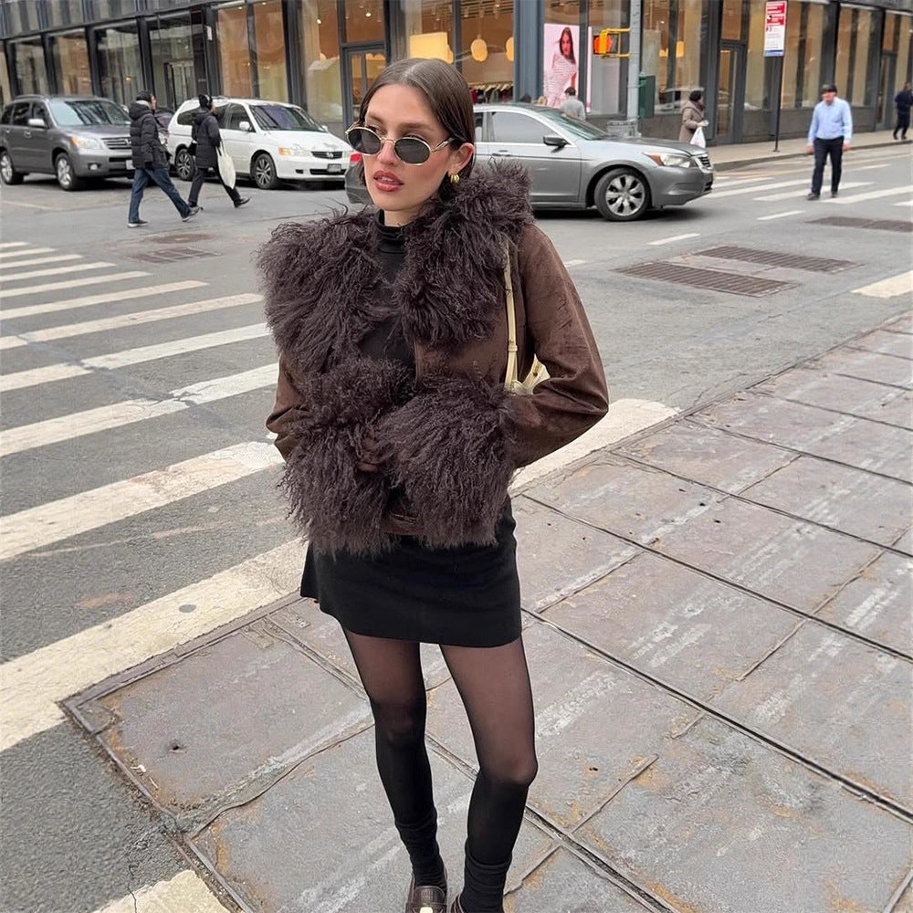 Damen Kurze Wildlederjacke mit voluminösem Tibetlammfellkragen und Fellmanschetten Shop Nory