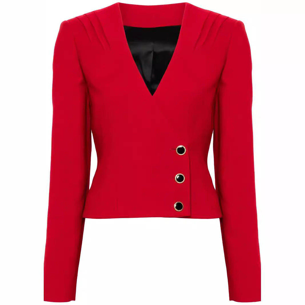 Damen Zweiteiliger Blazer-Top mit V‑Ausschnitt und Wickel-Minirock im Tailoring-Look Shop Nory