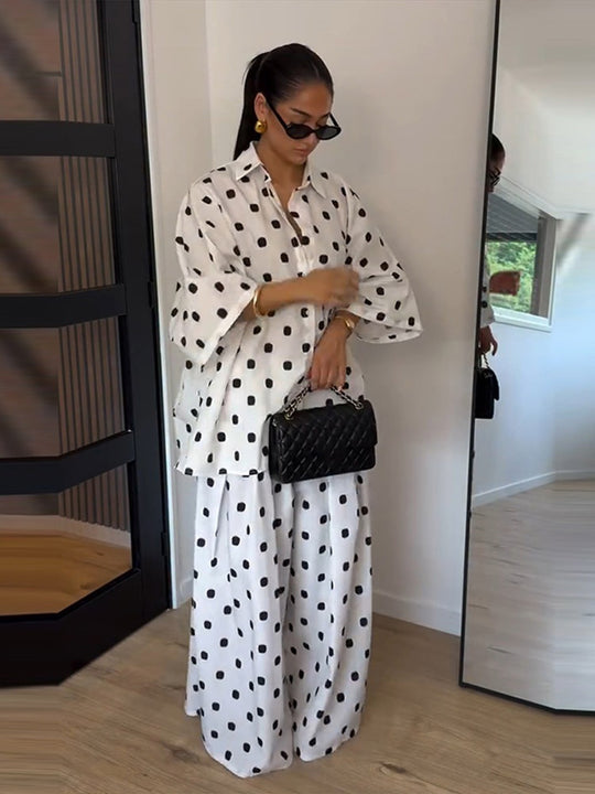 Damen Zweiteiliges Oversize-Blusen und Palazzo-Hosen Set mit Punktmuster Shop Nory