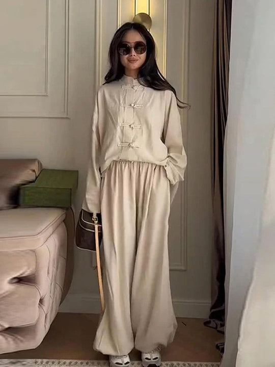 Damen Zweiteiliges Oversize Lounge‑Set mit Stehkragen und dekorativen Knotenverschlüssen Shop Nory